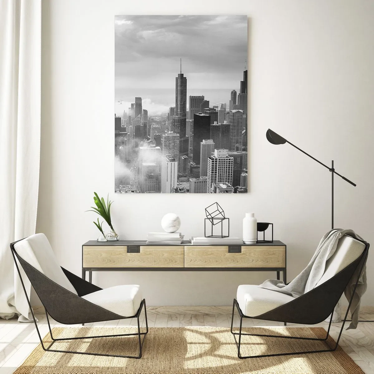 Quadro su vetro - Panorama della città con grattacieli tra le nuvole in bianco e nero - 70x100cm - Paesaggio americano - Decorazione murale moderna per soggiorno e camera da letto ARTTOR