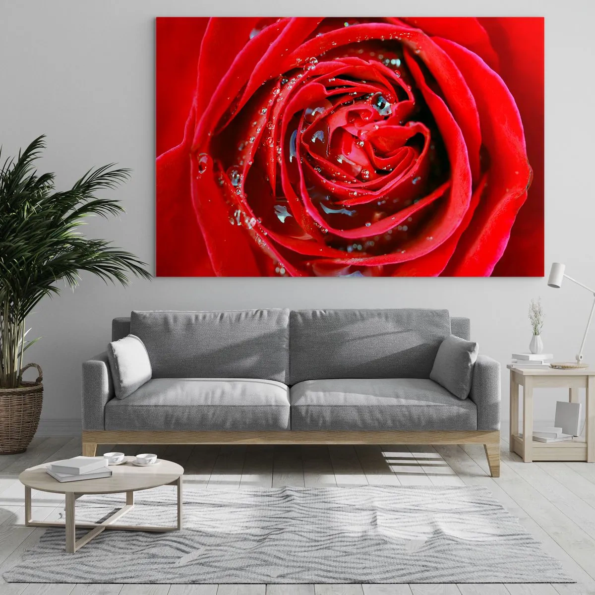 Quadro su vetro - Primo piano di una rosa rossa con gocce di rugiada - 120x80cm - Nelle gocce della rugiada - Decorazione murale moderna per soggiorno e camera da letto ARTTOR