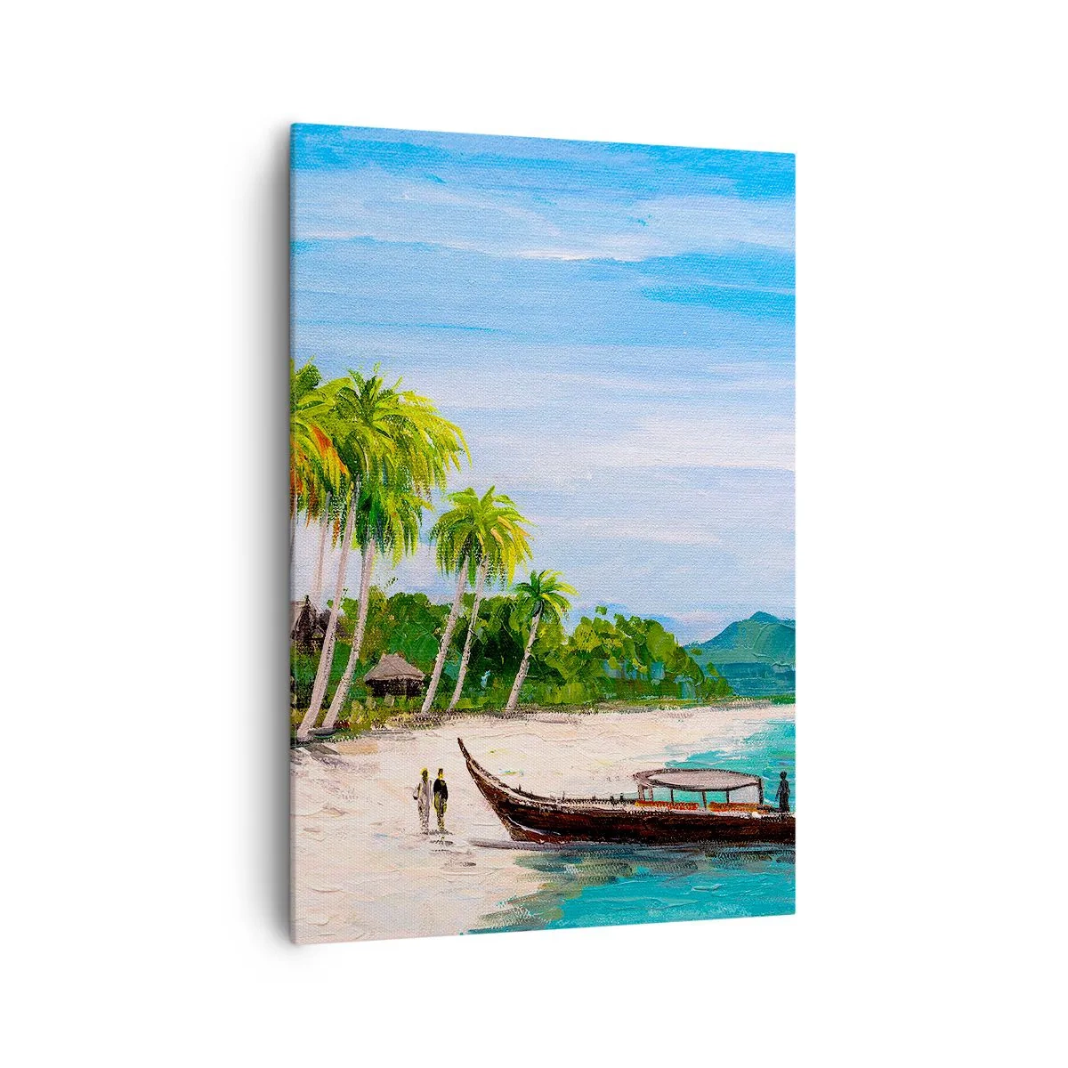 Quadro su tela - Stampe su Tela - Una spiaggia esotica con palme e una barca sulla riva - 70x100cm - Sogno esotico - Decorazione murale moderna per soggiorno e camera da letto ARTTOR