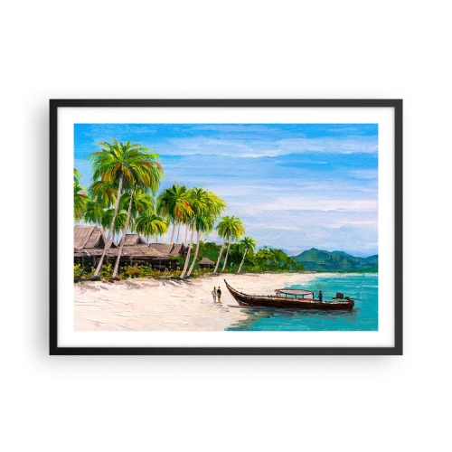 Poster in cornice nera - Una spiaggia esotica con palme e una barca sulla riva - 70x50cm - Sogno esotico - Decorazione murale moderna per soggiorno e camera da letto ARTTOR