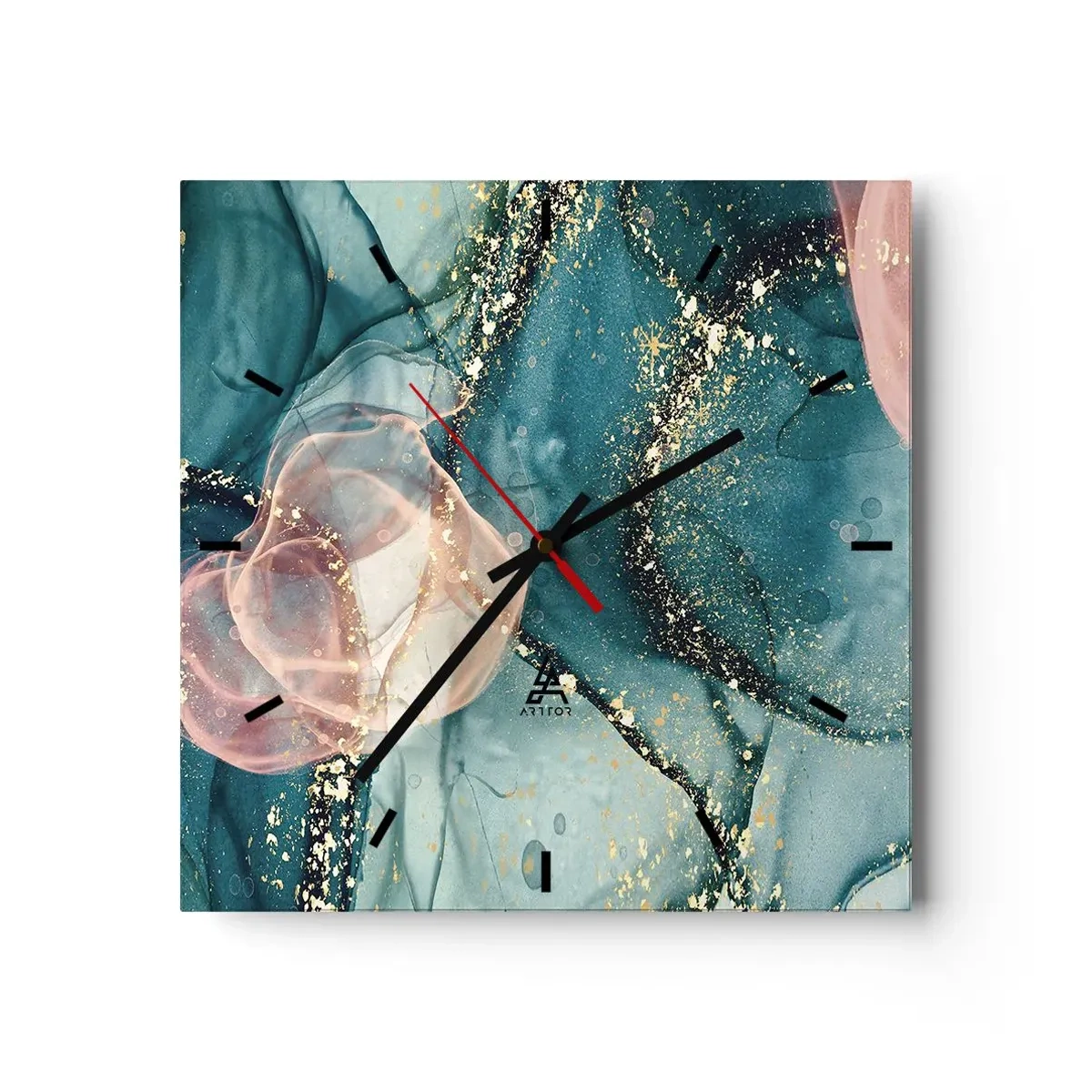 Orologio da parete - Orologio in Vetro - Una composizione astratta nei toni del turchese e dell'oro. - 30x30cm - Blu di seta, rosa di tulle - Decorazione murale moderna per soggiorno e camera da letto ARTTOR