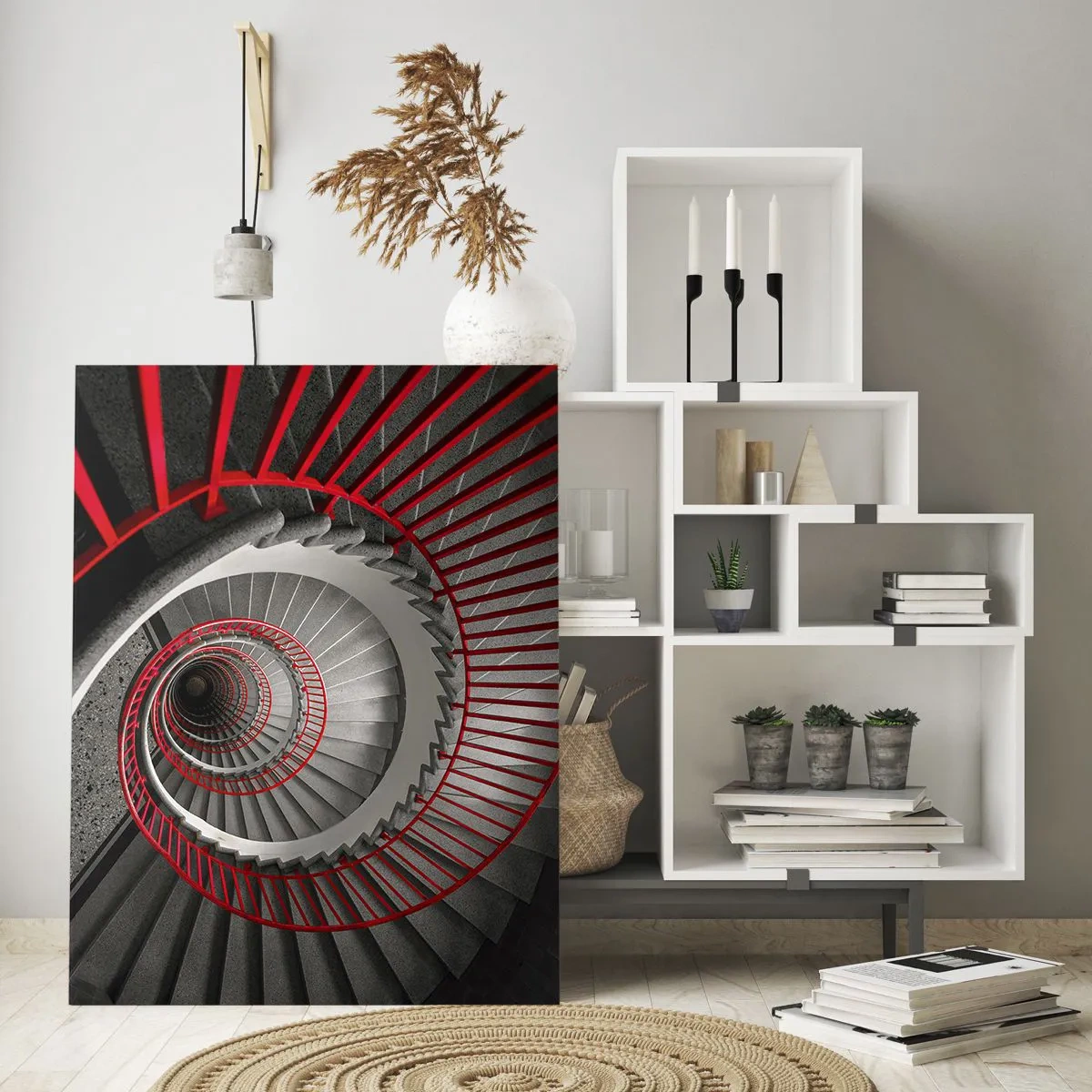 Quadro su vetro - Scala a chiocciola con corrimano rossi in prospettiva dinamica - 80x120cm - I giochi dell'architettura - Decorazione murale moderna per soggiorno e camera da letto ARTTOR
