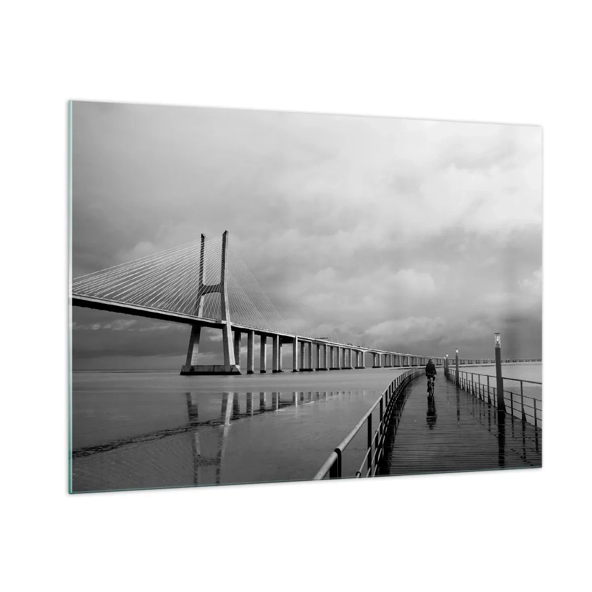 Quadro su vetro - Un ponte in un paesaggio monocromatico con un ciclista - 100x70cm - A ciascuno ciò che gli spetta - Decorazione murale moderna per soggiorno e camera da letto ARTTOR