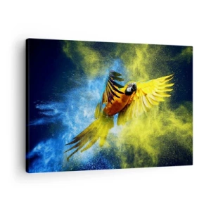 Quadro su tela - Stampe su Tela - Un pappagallo in volo sullo sfondo di esplosioni colorate di giallo e blu. - 70x50cm - Nella polvere gialla e blu - Decorazione murale moderna per soggiorno e camera da letto ARTTOR