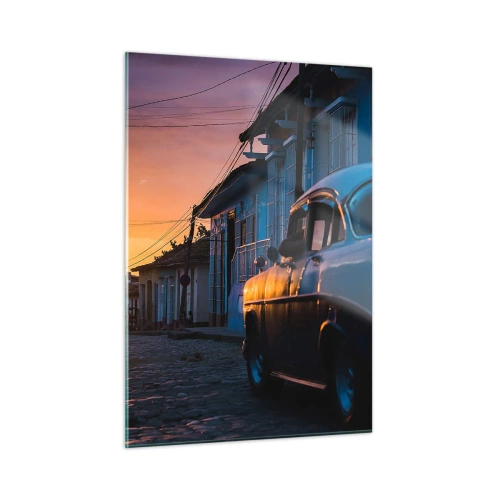 Quadro su vetro - Strada suggestiva con un'auto d'epoca al tramonto - 50x70cm - Qui il tempo rallenta - Decorazione murale moderna per soggiorno e camera da letto ARTTOR
