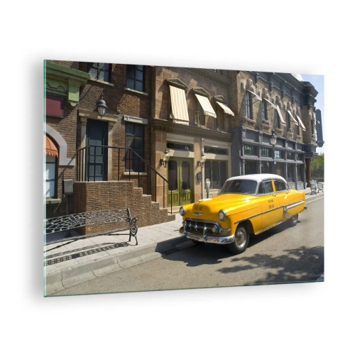 Quadro su vetro - Un taxi giallo sullo sfondo di un classico condominio - 70x50cm - Tanto tempo fa in America - Decorazione murale moderna per soggiorno e camera da letto ARTTOR
