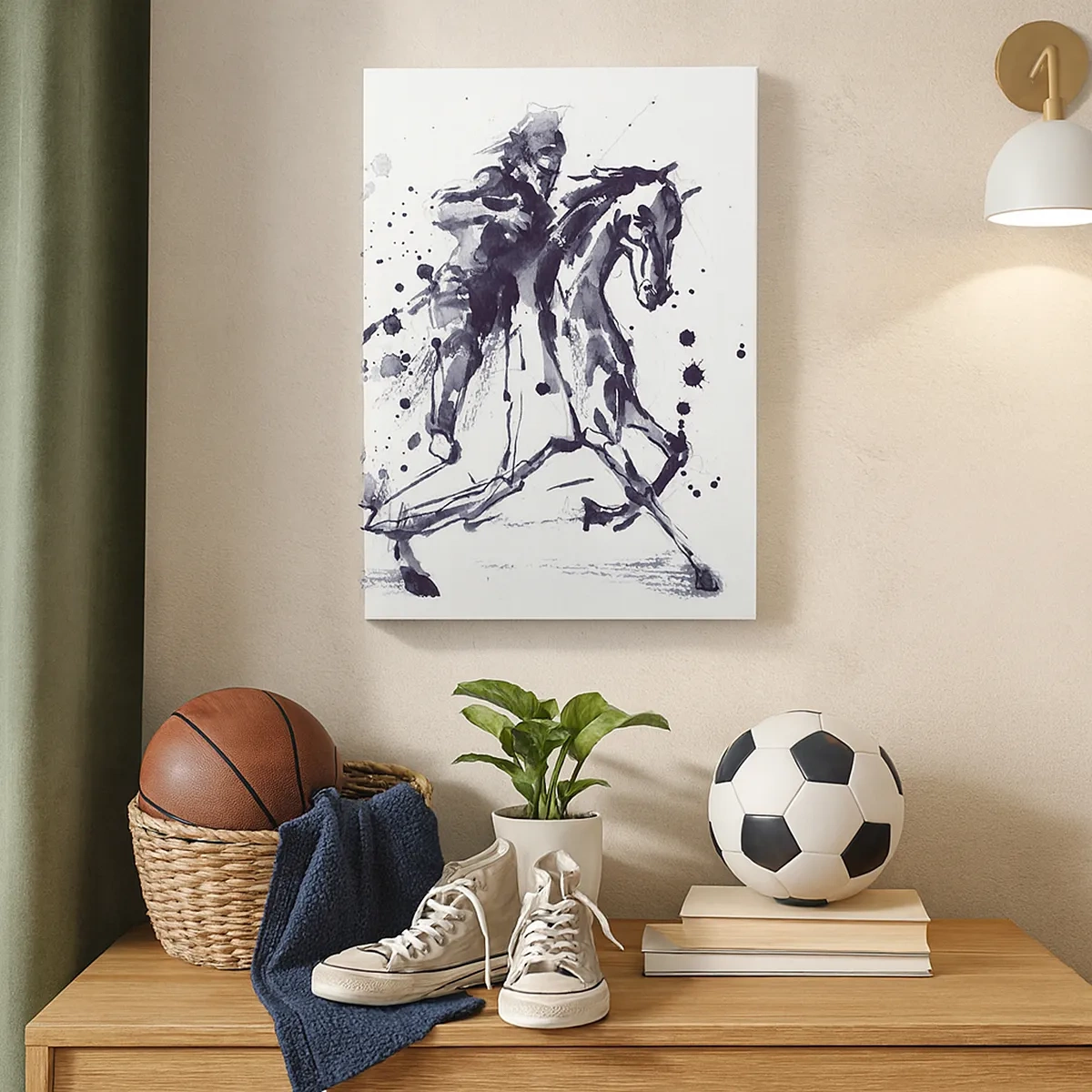 Quadro su tela - Stampe su Tela - Acquerello in bianco e nero di un cavaliere su un cavallo al galoppo - 50x70cm - Il cavaliere nero - Decorazione murale moderna per soggiorno e camera da letto ARTTOR