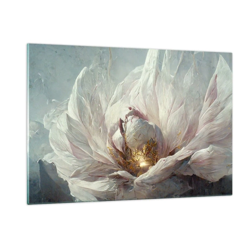 Quadro su vetro - Un fiore che sboccia in delicati toni grigi e oro - 120x80cm - Fiorisce ogni cento anni - Decorazione murale moderna per soggiorno e camera da letto ARTTOR