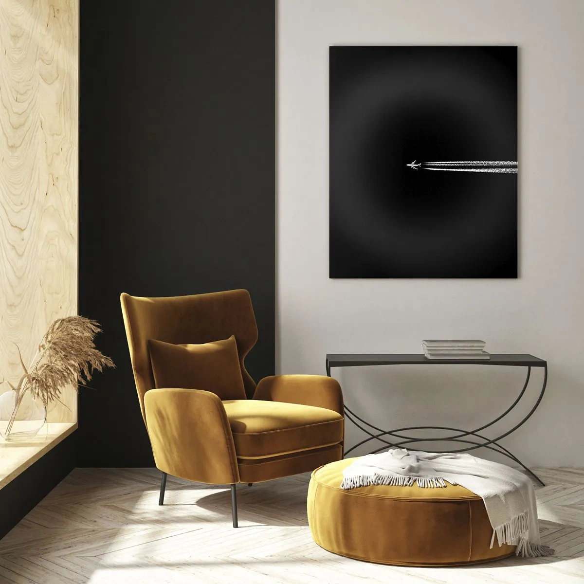 Quadro su vetro - Un aereo a reazione con una scia di condensazione visibile su uno sfondo nero - 80x120cm - In un'altra dimensione - Decorazione murale moderna per soggiorno e camera da letto ARTTOR
