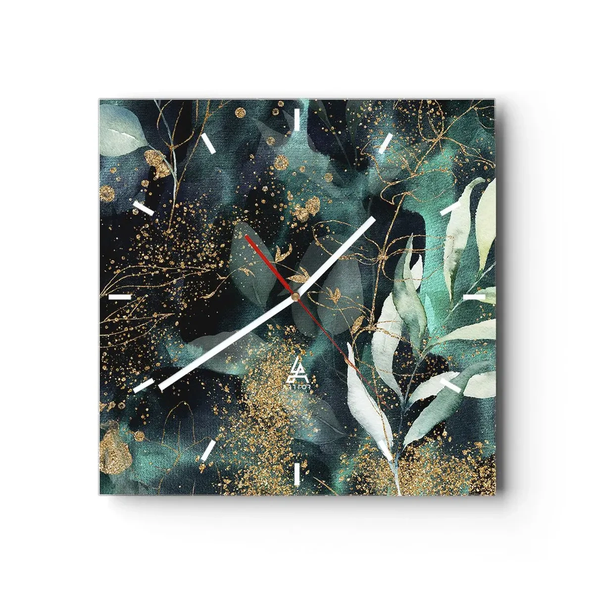 Orologio da parete - Orologio in Vetro - Eleganti foglie su sfondo scuro con accenti dorati - 30x30cm - Il giardino incantato - Decorazione murale moderna per soggiorno e camera da letto ARTTOR