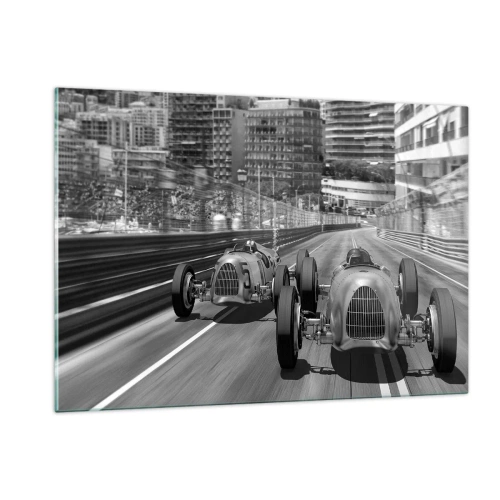 Quadro su vetro - Gara automobilistica storica in bianco e nero - 120x80cm - Tanto tempo fa a Montecarlo - Decorazione murale moderna per soggiorno e camera da letto ARTTOR