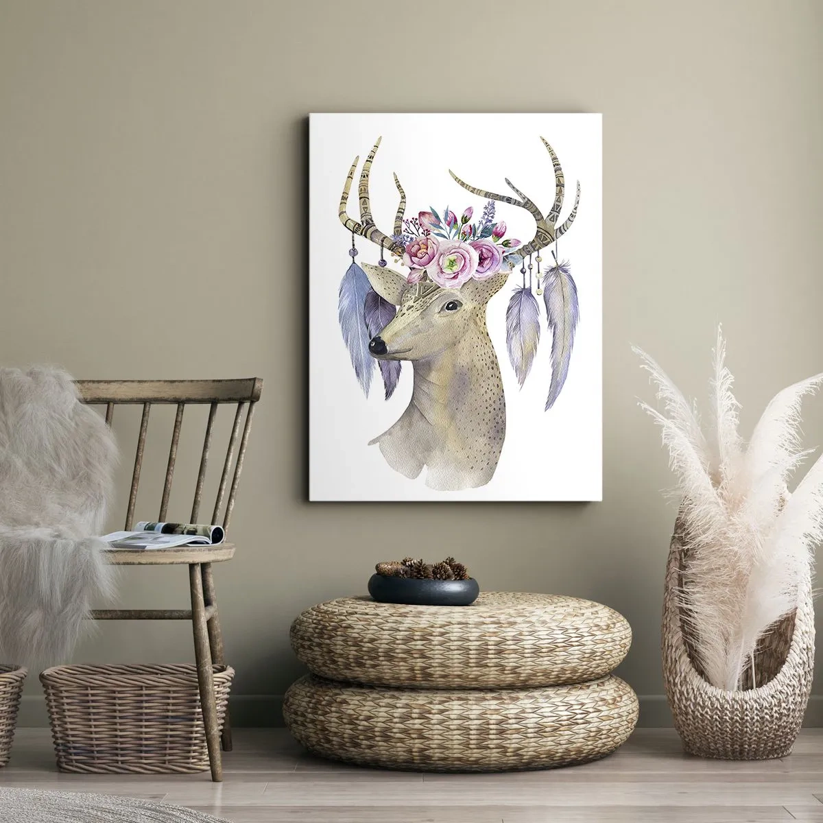 Quadro su tela - Stampe su Tela - Grafica romantica di un cervo con fiori e piume - 50x70cm - Guida delle anime: delicato e innocente - Decorazione murale moderna per soggiorno e camera da letto ARTTOR