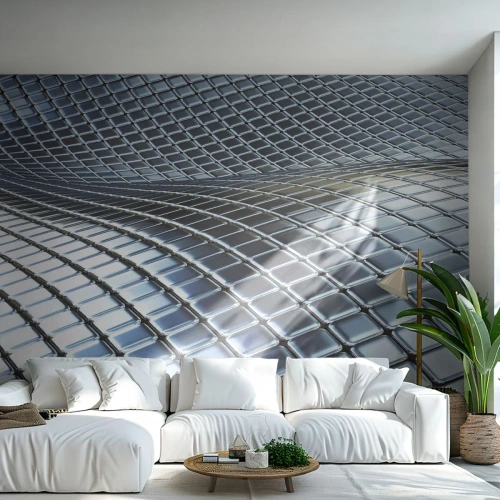 Fotomurali Standard Eco - Struttura futuristica 3D in argento - 100x70cm - Onda metallica argentea - Decorazione murale moderna per soggiorno e camera da letto ARTTOR