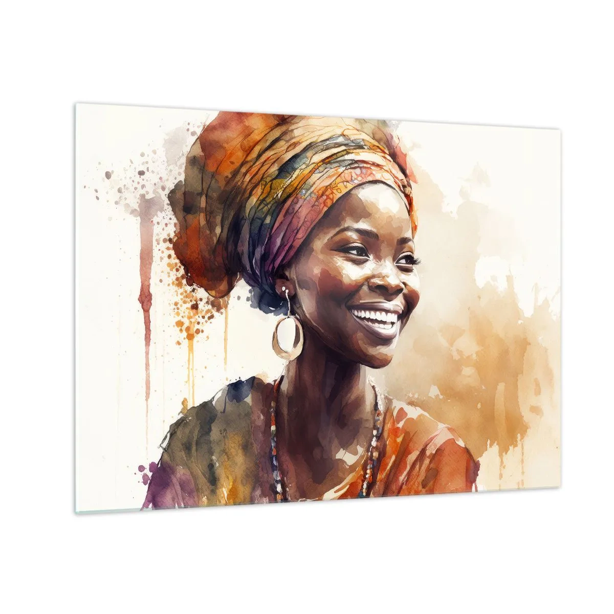 Quadro su vetro - Ritratto ad acquerello di una donna sorridente con un turbante - 70x50cm - Regina africana - Decorazione murale moderna per soggiorno e camera da letto ARTTOR