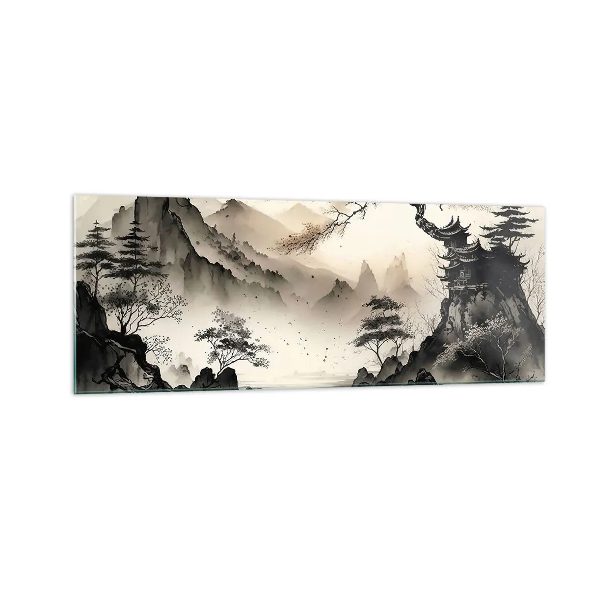 Quadro su vetro - Un paesaggio orientale con montagne e una pagoda dalle tonalità delicate. - 140x50cm - Il fascino irripetibile dell'oriente - Decorazione murale moderna per soggiorno e camera da letto ARTTOR