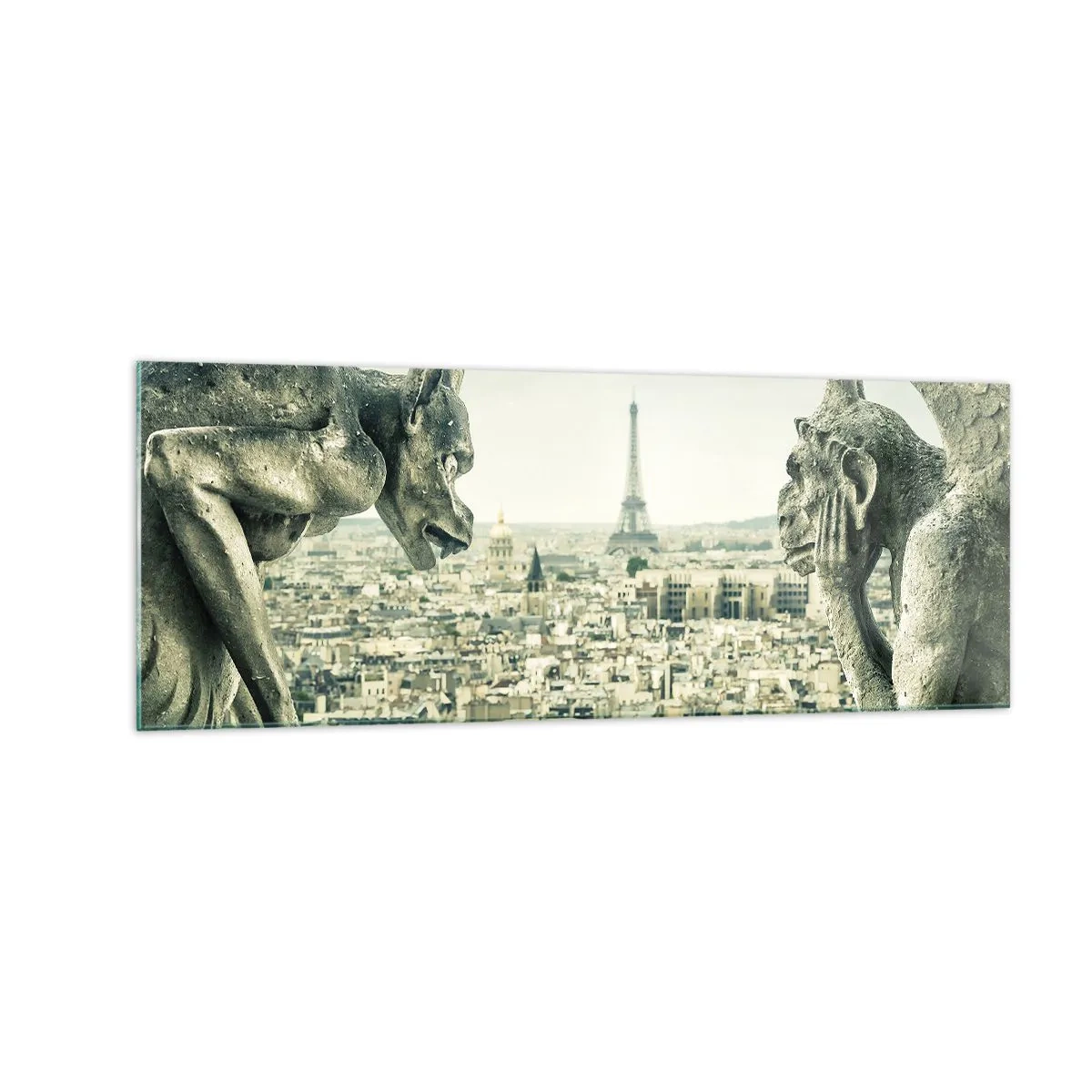 Quadro su vetro - Gargoyle che dominano lo skyline di Parigi e la Torre Eiffel - 140x50cm - Chiacchierate parigine - Decorazione murale moderna per soggiorno e camera da letto ARTTOR