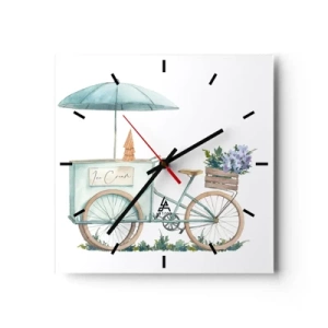 Orologio da parete - Orologio in Vetro - Una bicicletta con gelato e fiori sotto un ombrellone in delicati colori pastello - 30x30cm - Dolce ricordo d'estate - Decorazione murale moderna per soggiorno e camera da letto ARTTOR