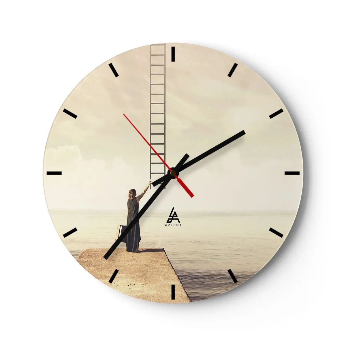 Orologio da parete - Orologio in Vetro - Una donna su un molo indica una scala che porta al paradiso. - 30x30cm - Viaggio magico - Decorazione murale moderna per soggiorno, cucina e camera da letto ARTTOR