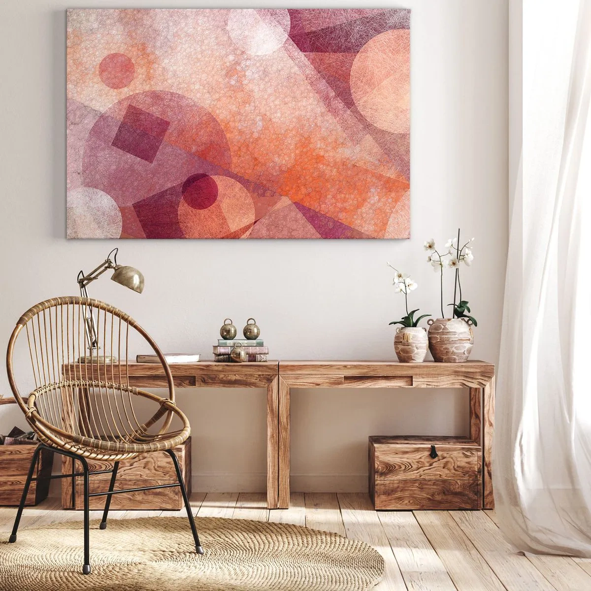 Quadro su tela - Stampe su Tela - Forme geometriche astratte in tonalità pastello di rosa - 70x50cm - Trasformazioni geometriche in rosa - Decorazione murale moderna per soggiorno e camera da letto ARTTOR