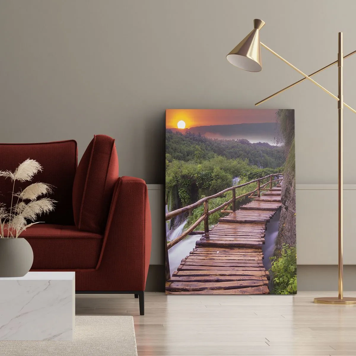 Quadro su tela - Stampe su Tela - Un ponte che domina le cascate al tramonto - 70x100cm - Una bellezza incredibile - Decorazione murale moderna per soggiorno e camera da letto ARTTOR