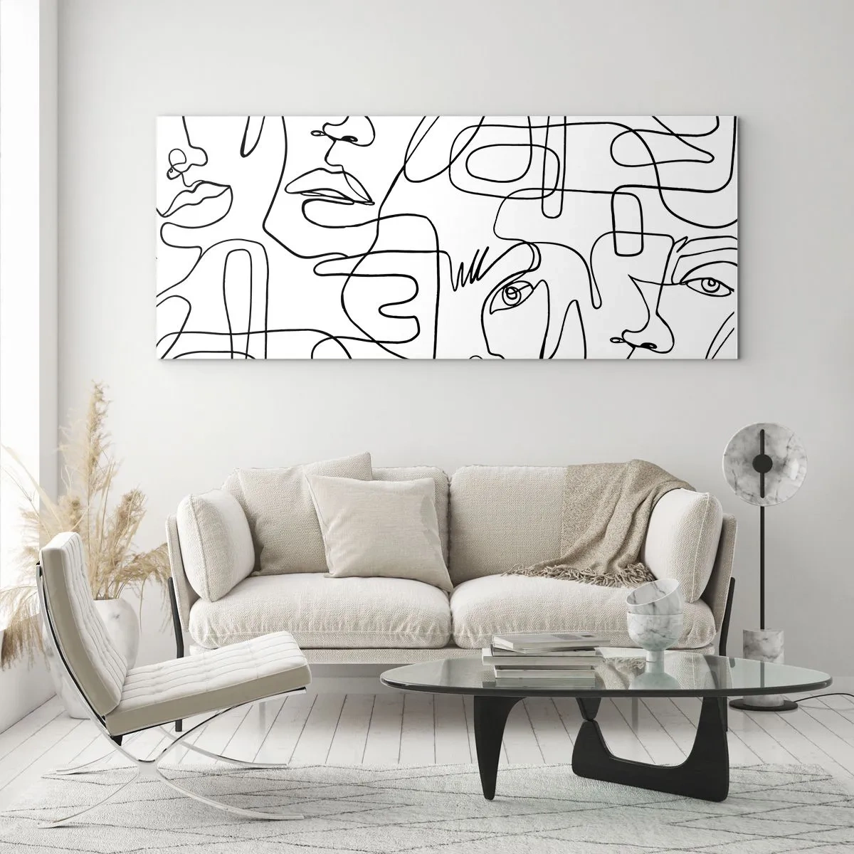 Quadro su vetro - Un disegno minimalista di un viso con linee su uno sfondo chiaro. - 160x50cm - Emozioni intrecciate - Decorazione murale moderna per soggiorno e camera da letto ARTTOR