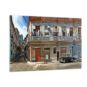 Quadro su vetro - Strada retrò con edifici classici e un'auto - 120x80cm - Atmosfera dell'Avana - Decorazione murale moderna per soggiorno e camera da letto ARTTOR