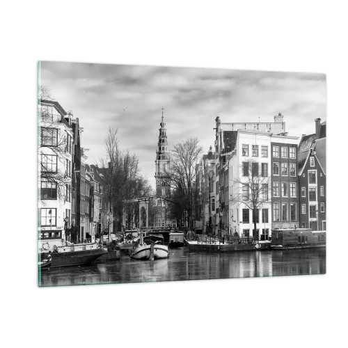 Quadro su vetro - Vista in bianco e nero di un canale di Amsterdam - 120x80cm - Atmosfera di Amsterdam - Decorazione murale moderna per soggiorno e camera da letto ARTTOR