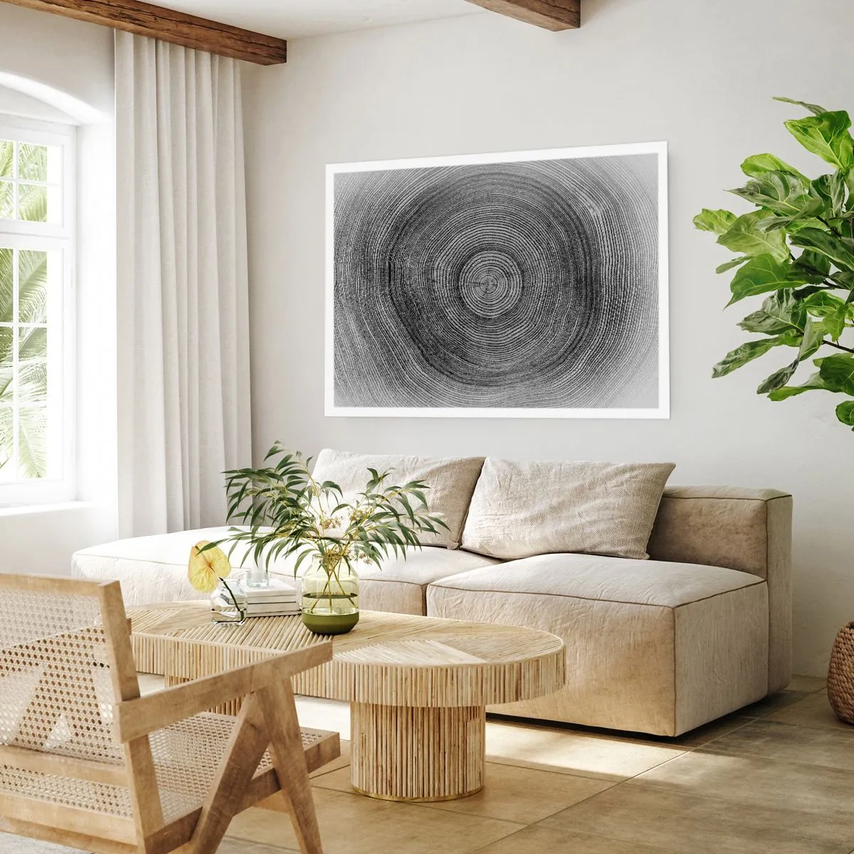 Poster - Modello di anelli di un albero in bianco e nero che mostra una sezione trasversale del tronco - 100x70cm - I segni del tempo - Decorazione murale moderna per soggiorno e camera da letto ARTTOR