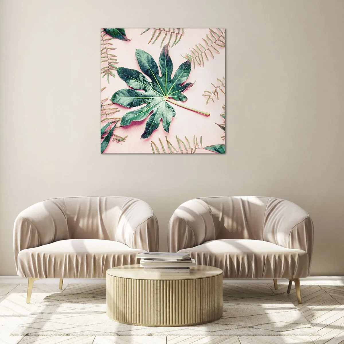 Quadro su vetro - Studio di verde su sfondo rosa - 50x50 cm