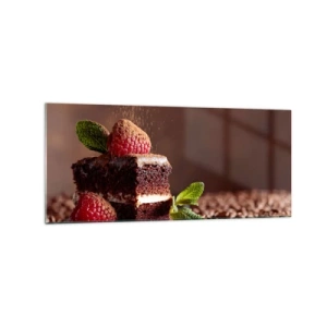 Quadro su vetro - Torta al cioccolato con lamponi e menta su uno sfondo di fave di cacao - 120x50cm - La vita è dolce - Decorazione murale moderna per soggiorno e camera da letto ARTTOR