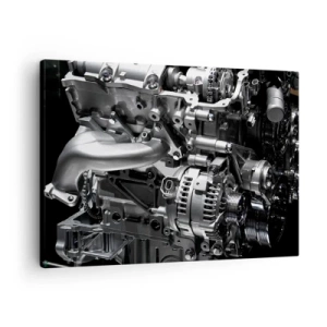 Quadro su tela - Stampe su Tela - Primo piano delle parti metalliche del motore su uno sfondo nero - 70x50cm - D'acciaio, bello, forte - Decorazione murale moderna per soggiorno e camera da letto ARTTOR