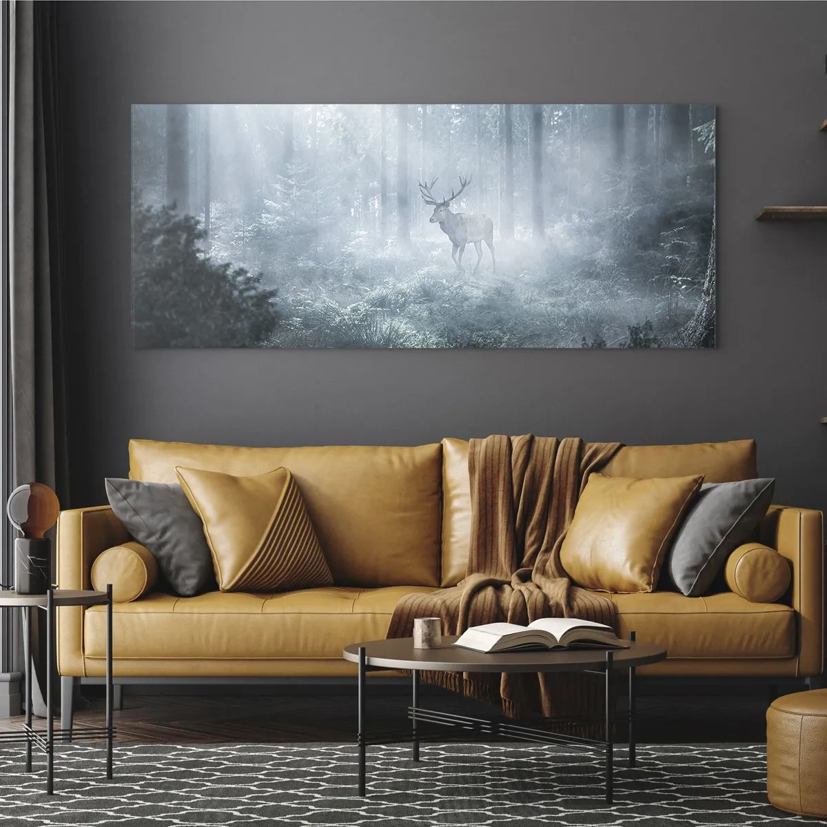 Quadro su vetro - Un cervo in una fitta foresta avvolto nella nebbia mattutina - 160x50cm - Passeggiata mattutina sulle sue terre - Decorazione murale moderna per soggiorno e camera da letto ARTTOR
