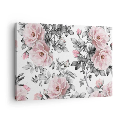 Quadro su tela - Stampe su Tela - Rose rosa e foglie su un delicato sfondo bianco e nero - 70x50cm - Perdersi tra le rose - Decorazione murale moderna per soggiorno e camera da letto ARTTOR