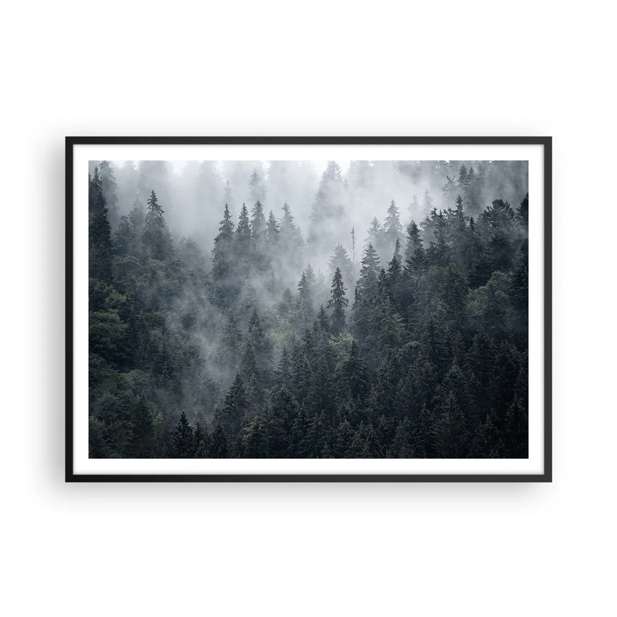 Poster in cornice nera - Foresta di conifere nebbiosa nei toni del grigio e del verde - 100x70cm - Alba nel bosco - Decorazione murale moderna per soggiorno e camera da letto ARTTOR