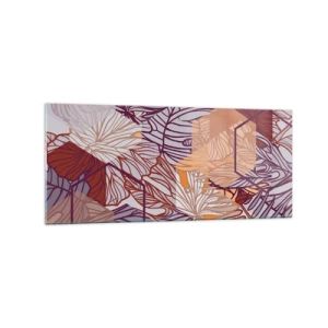 Quadro su vetro - Un motivo decorativo a foglie tropicali nelle tonalità del viola, dell'arancione e del beige. - 120x50cm - Legame impossibile di geometria e natura - Decorazione murale moderna per soggiorno e camera da letto ARTTOR