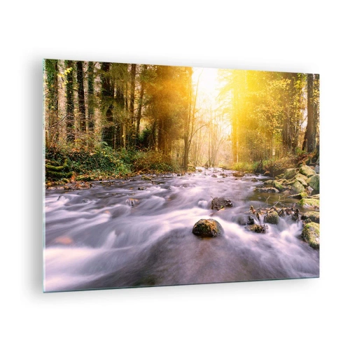 Quadro su vetro - Ruscello della foresta alla luce del sole - 70x50cm - Malachite in cornice oro-argento - Decorazione murale moderna per soggiorno e camera da letto ARTTOR