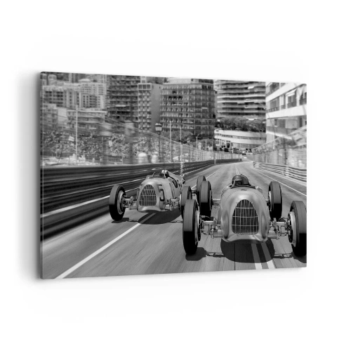 Quadro su tela - Stampe su Tela - Scena di gara automobilistica retrò monocromatica - 100x70cm - Tanto tempo fa a Montecarlo - Decorazione murale moderna per soggiorno e camera da letto ARTTOR