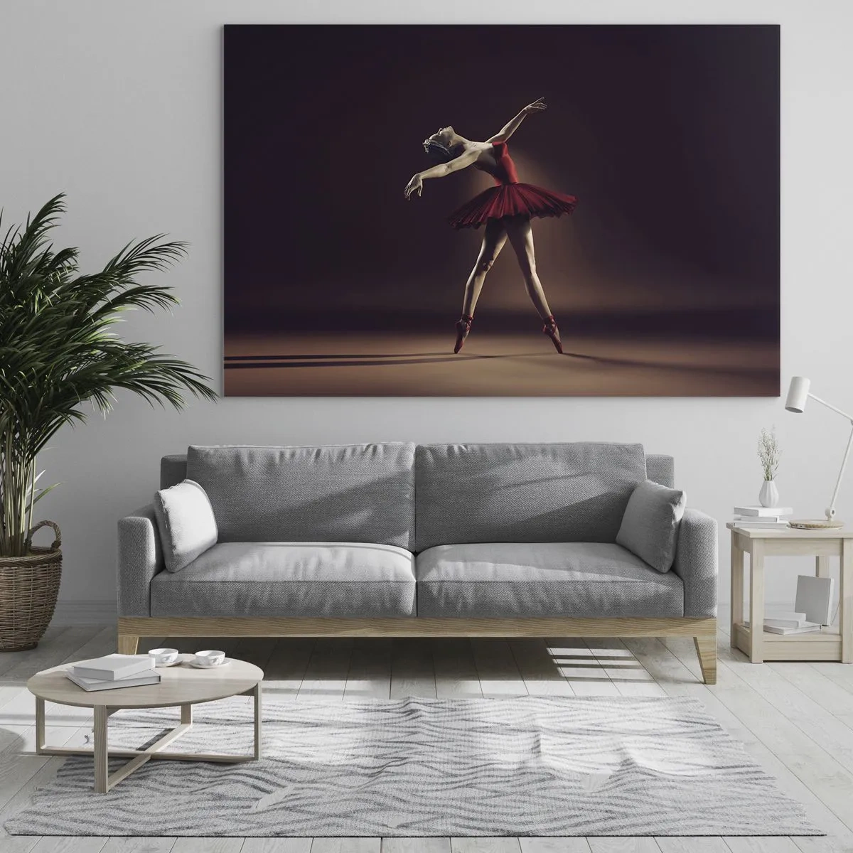 Quadro su vetro - Una ballerina in un abito rosso in una posa dinamica - 70x50cm - Prima ballerina - Decorazione murale moderna per soggiorno e camera da letto ARTTOR