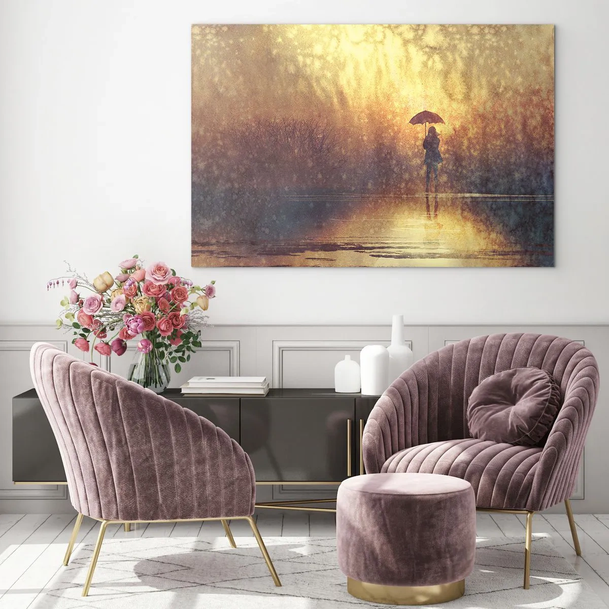 Quadro su vetro - Una figura con un ombrello alla luce del sole al tramonto e della pioggia - 70x50cm - Sento che qualcuno mi guarda - Decorazione murale moderna per soggiorno e camera da letto ARTTOR