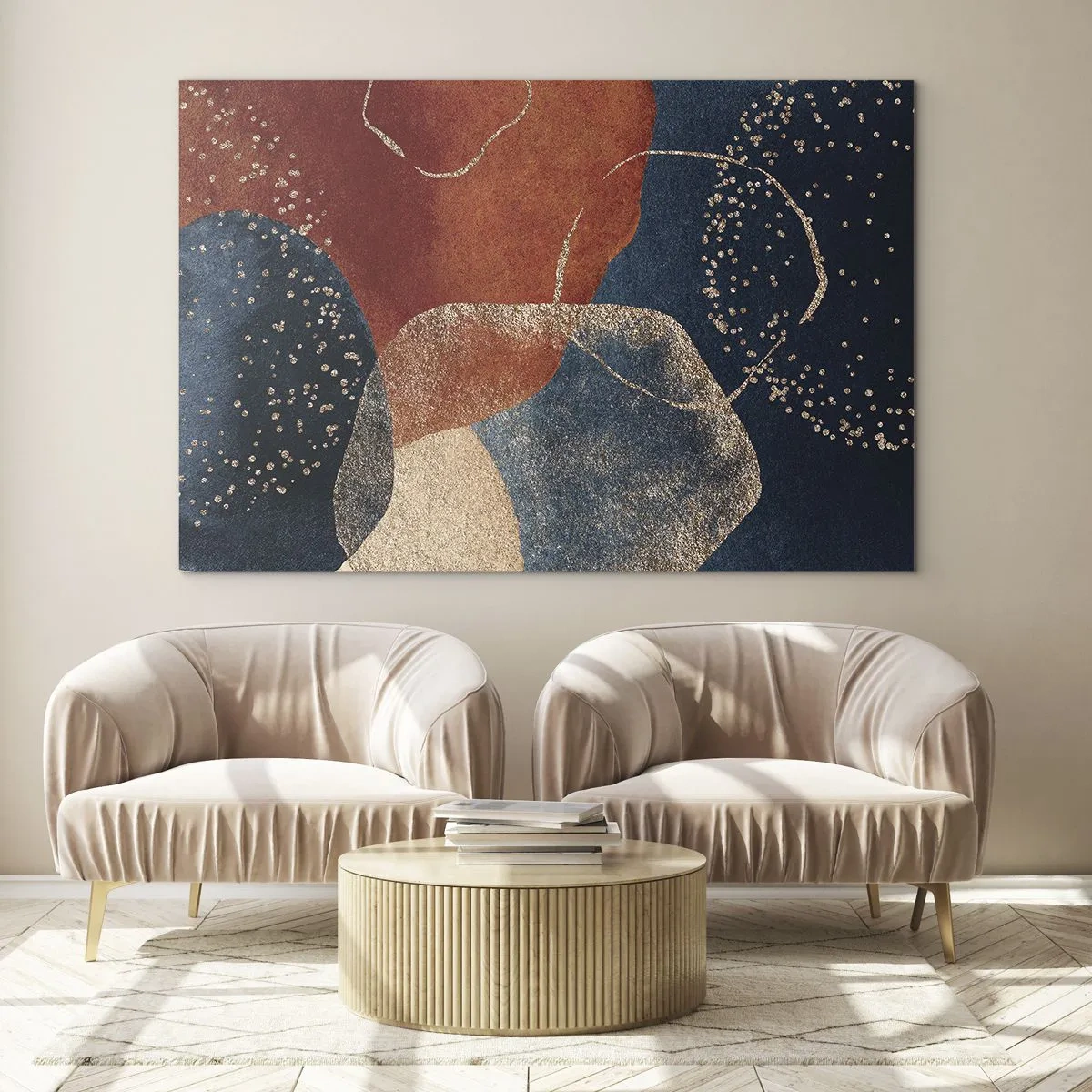 Quadro su vetro - Forme astratte nei toni del blu navy e del rame - 70x50cm - La leggerezza dell'essere - Decorazione murale moderna per soggiorno e camera da letto ARTTOR