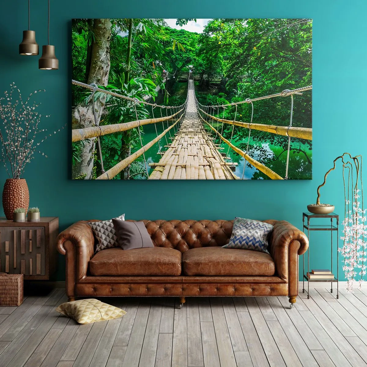 Quadro su tela - Stampe su Tela - Un ponte sospeso di bambù immerso nel verde - 100x70cm - Ponte sospeso sopra il verde - Decorazione murale moderna per soggiorno e camera da letto ARTTOR