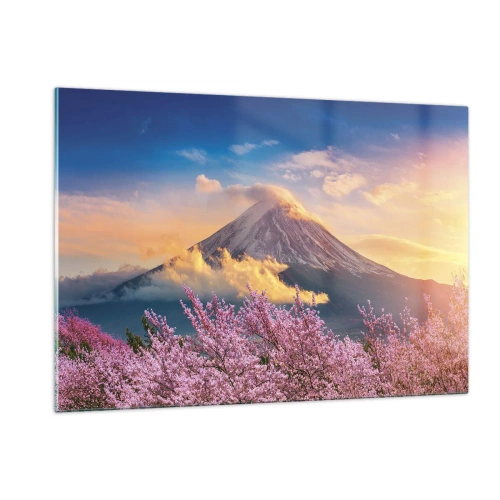 Quadro su vetro - Il monte Fuji sullo sfondo con alberi di ciliegio in fiore in primo piano - 120x80cm - Sacralità giapponese - Decorazione murale moderna per soggiorno e camera da letto ARTTOR
