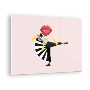 Quadro su vetro - Una composizione pop art surreale che raffigura un personaggio con una grande bocca su uno sfondo rosa. - 70x50cm - Pop-art surrealistica - Decorazione murale moderna per soggiorno e camera da letto ARTTOR