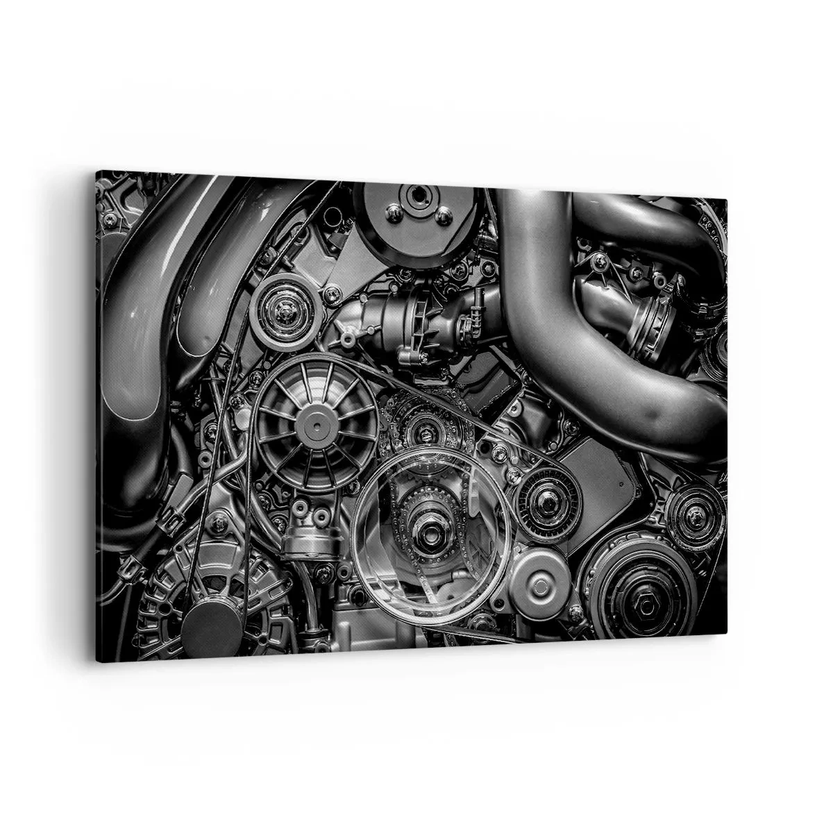 Quadro su tela - Stampe su Tela - Primo piano in bianco e nero dei dettagli meccanici del motore di un'auto. - 120x80cm - La poesia della meccanica - Decorazione murale moderna per soggiorno e camera da letto ARTTOR