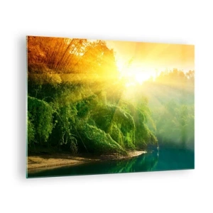 Quadro su vetro - Raggi di sole sulla vegetazione verde lungo il fiume - 70x50cm - Immergersi nel sole e nell'ombra - Decorazione murale moderna per soggiorno e camera da letto ARTTOR