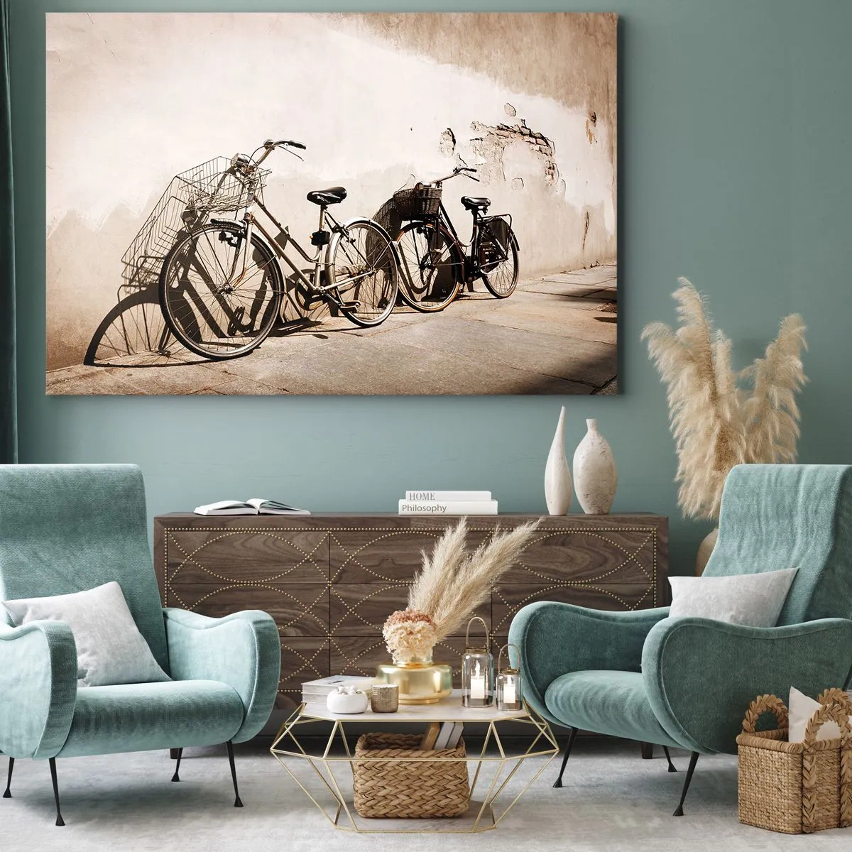 Quadro su tela - Stampe su Tela - Due biciclette appoggiate a un vecchio muro in stile retrò - 100x70cm - L'indimenticabile bellezza del passato - Decorazione murale moderna per soggiorno e camera da letto ARTTOR