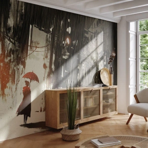 Fotomurali Premium Canvas - Una figura rossa con un ombrello in una scena piovosa - 100x70cm - La poesia dell'ombrello rosso - Decorazione murale moderna per soggiorno e camera da letto ARTTOR