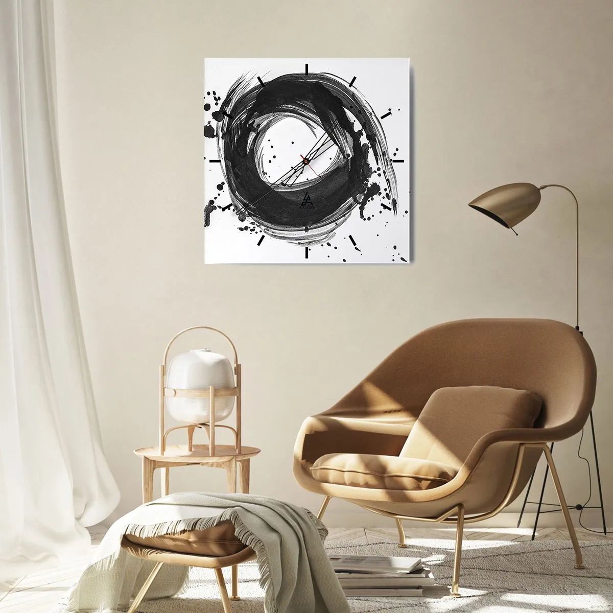 Orologio da parete - Orologio in Vetro - Astrazione nera a forma di cerchio su sfondo bianco - 30x30cm - Il vortice della creazione - Decorazione murale moderna per soggiorno e camera da letto ARTTOR