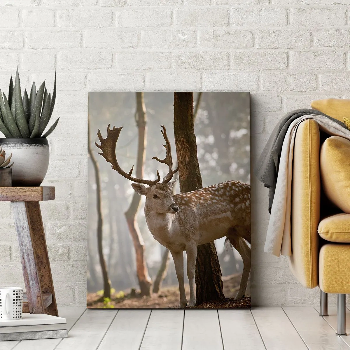 Quadro su tela - Stampe su Tela - Cervi nella foresta nella nebbia mattutina - 70x100cm - La luce della giovinezza - Decorazione murale moderna per soggiorno e camera da letto ARTTOR