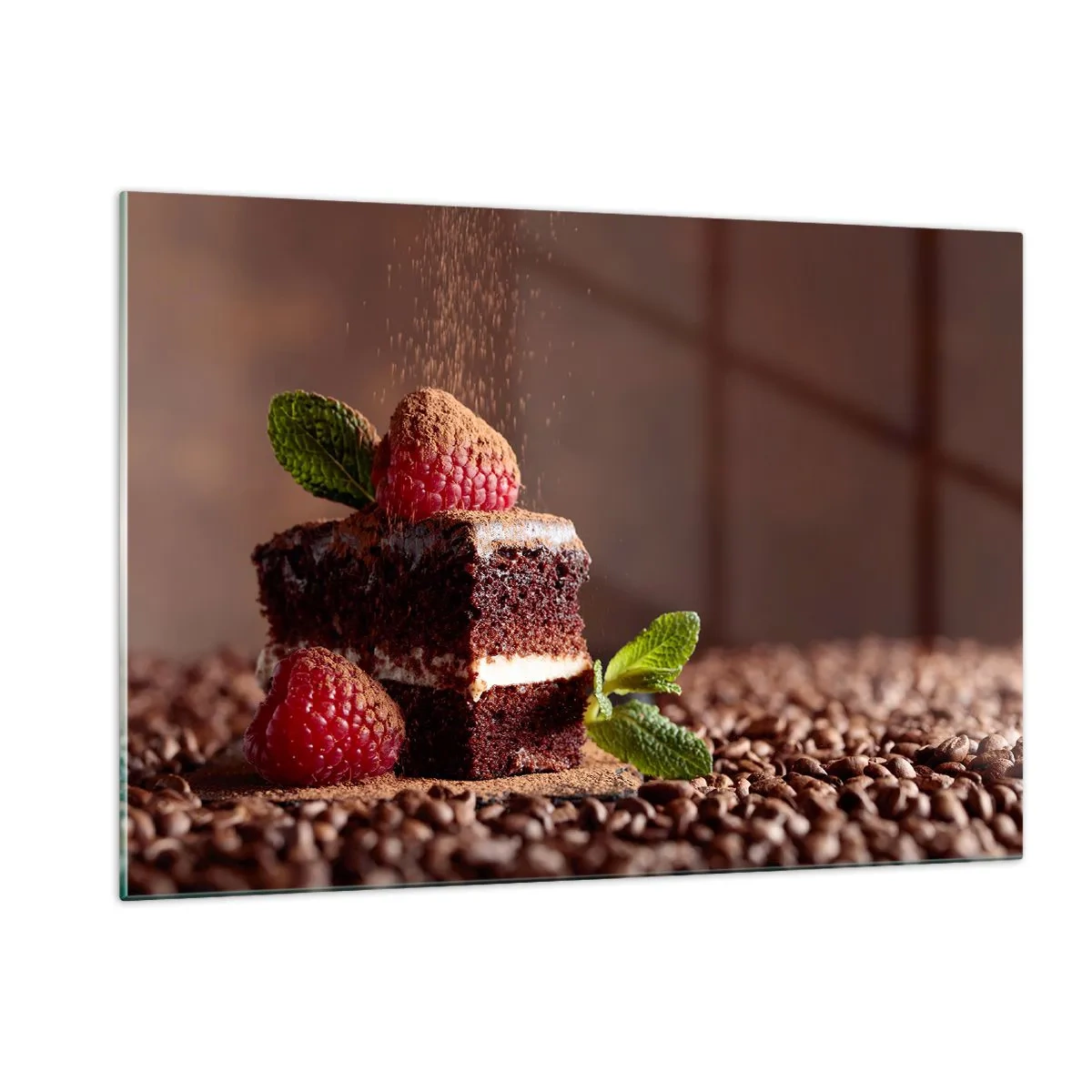 Quadro su vetro - Dessert al cioccolato con lamponi e foglie di menta - 120x80cm - La vita è dolce - Decorazione murale moderna per soggiorno e camera da letto ARTTOR